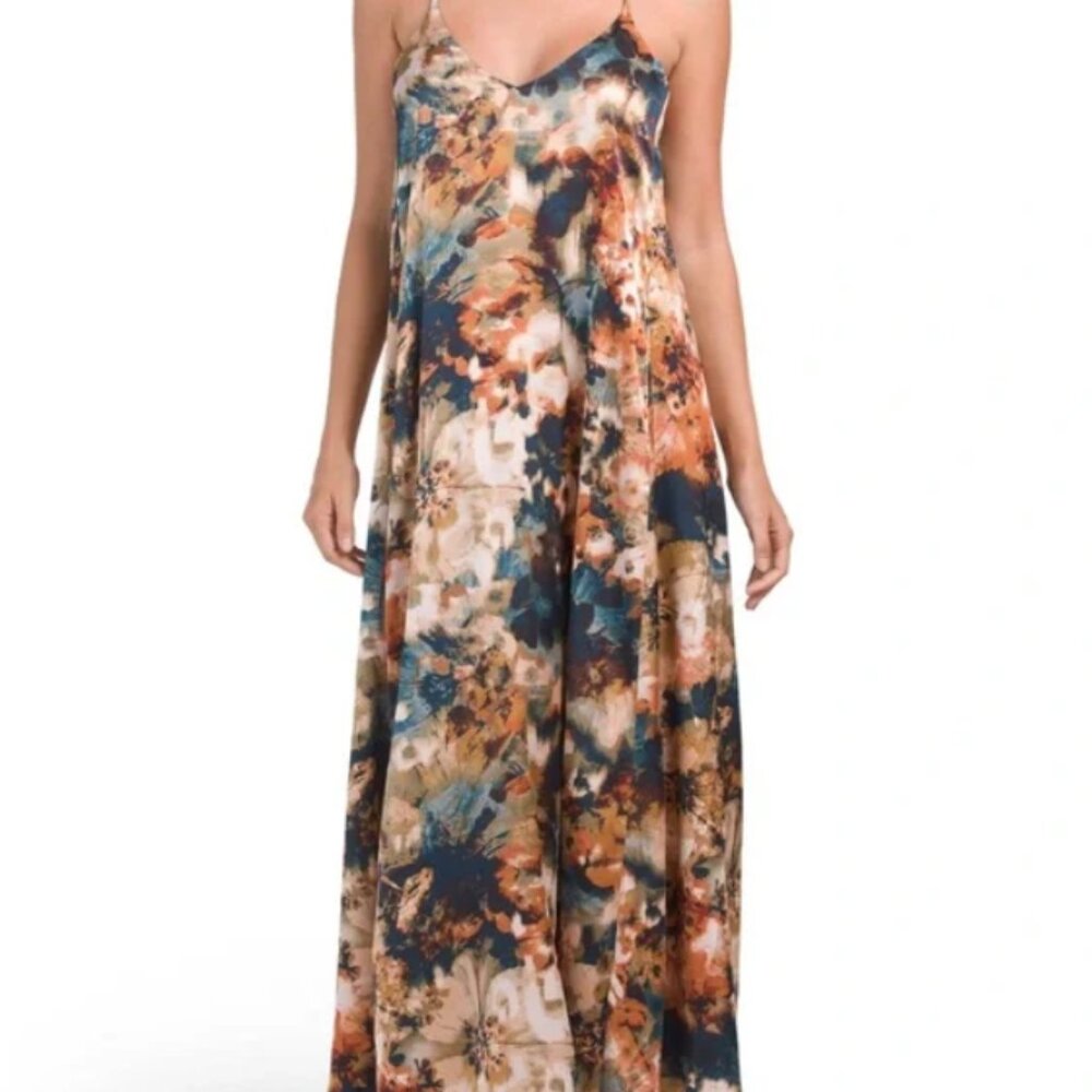 NICOLE MILLER Rust and Blue Abstract Floral Satin Maxi Dress. Size M